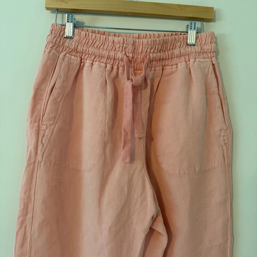 ZARA Linen Blend Smocked Waist Raw Hem Straight Leg Trousers Peach Womens Size M